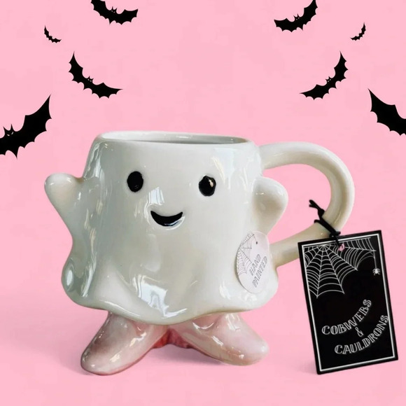 Cobwebs & Cauldrons Other - Cobwebs & Cauldrons Ivory Ghost with Pink Boots Cute Shaped Halloween Coffee Mug